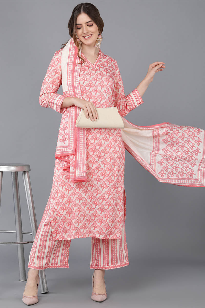 Peach Cotton Blend Straight Suit Set VKSKD1526