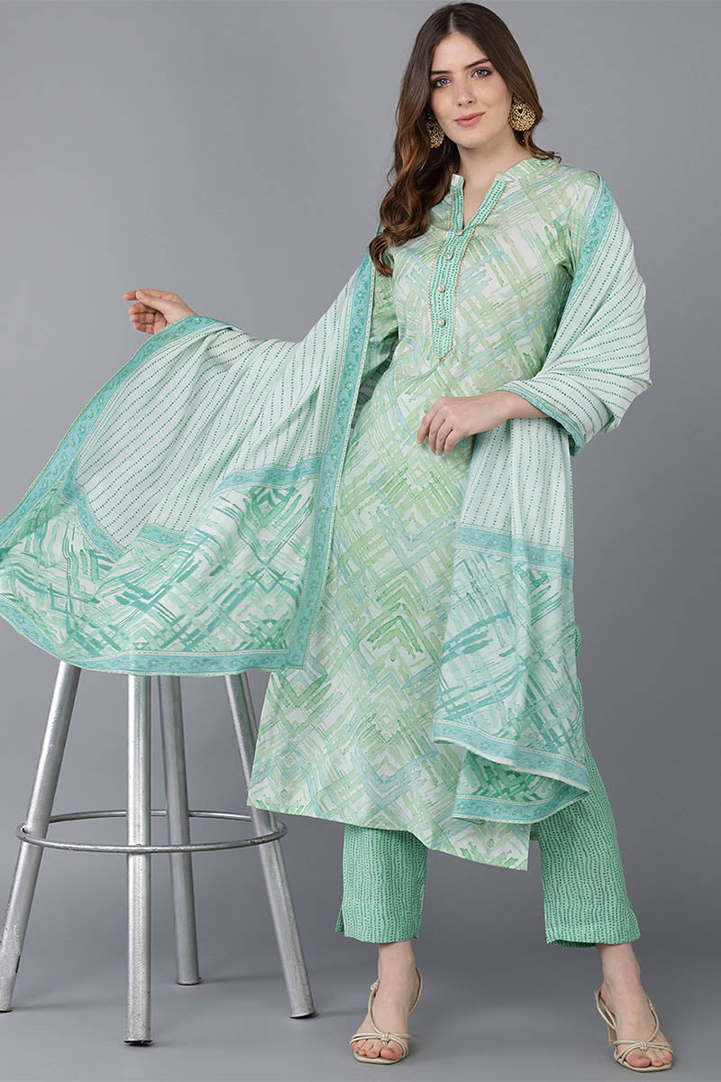  Women Sea Green Poly Silk Kurta Trousers With Dupatta