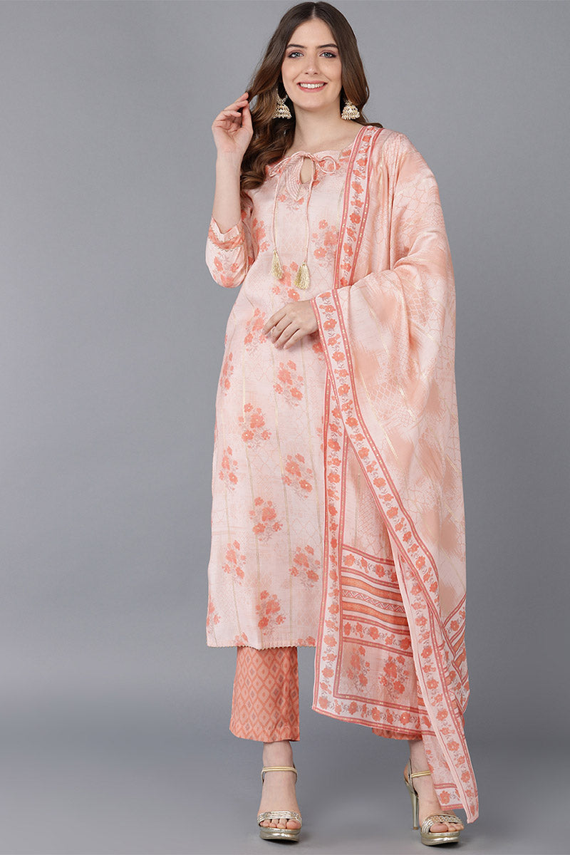  Women Peach Poly Silk Kurta Trousers With Dupatta