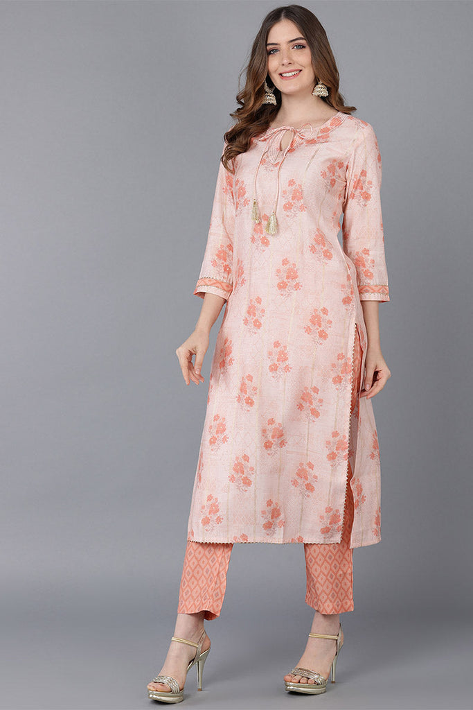  Women Peach Poly Silk Kurta Trousers With Dupatta