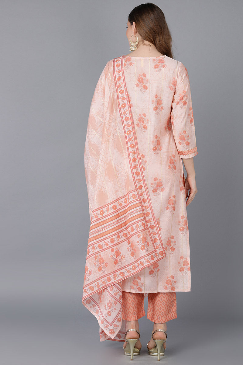  Women Peach Poly Silk Kurta Trousers With Dupatta