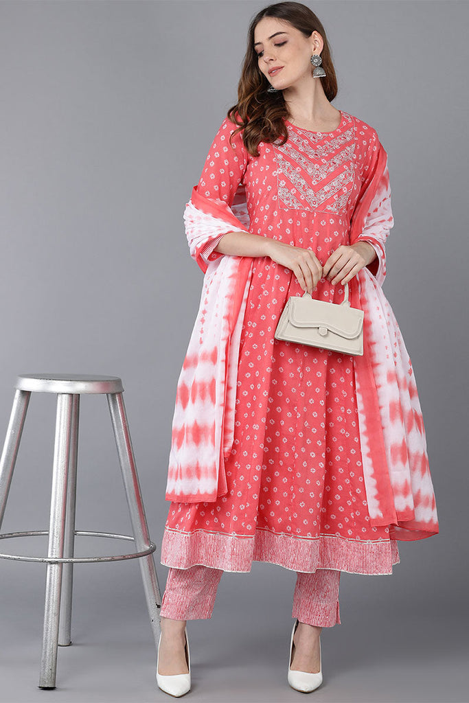 Peach Pure Cotton Anarkali Suit Set VKSKD1536