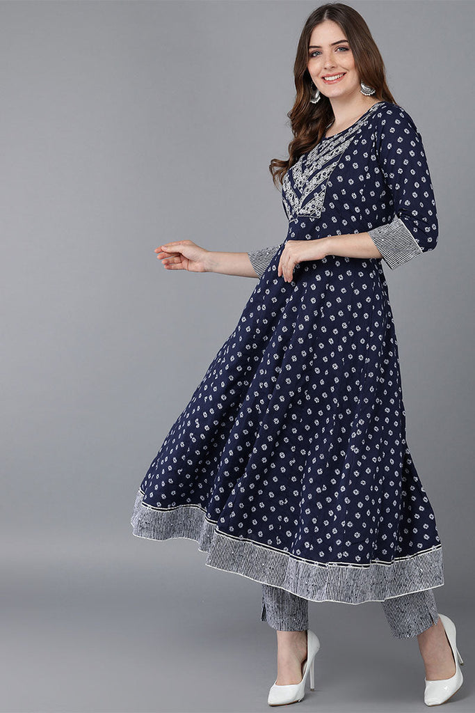 Blue Pure Cotton Anarkali Suit Set VKSKD1538