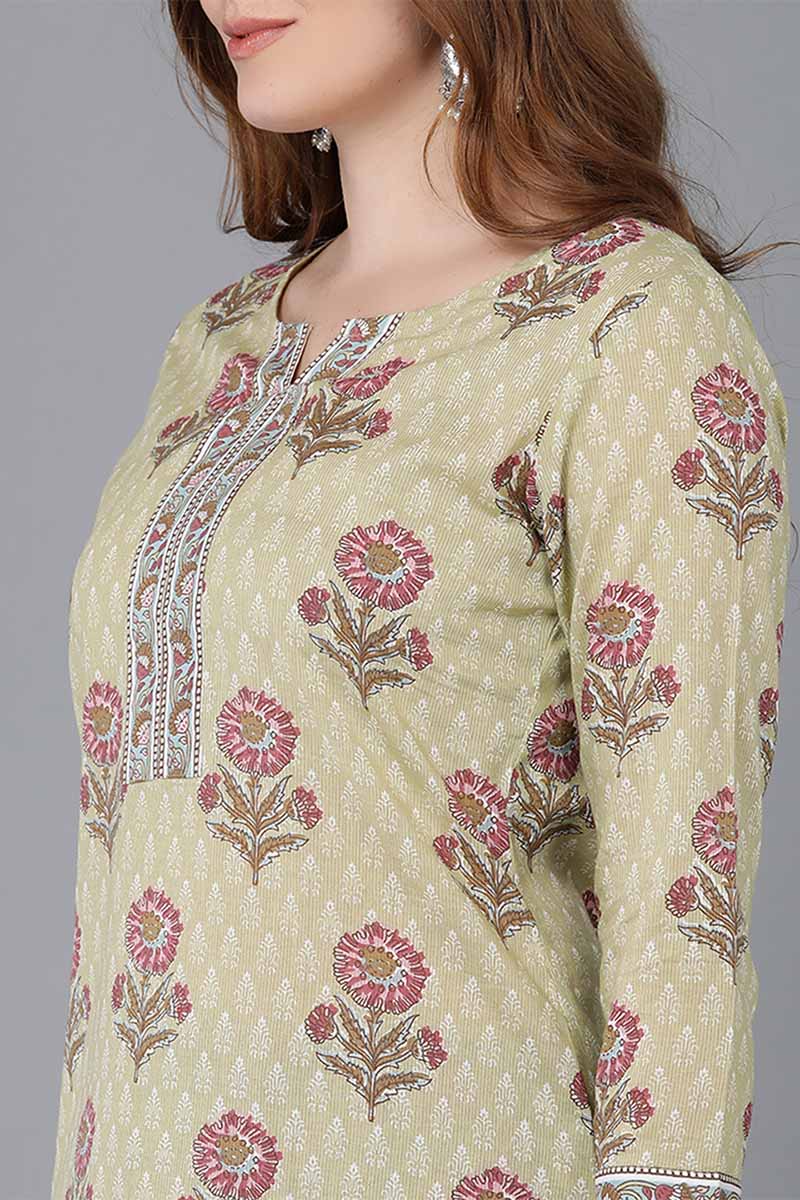 Beige Cotton Straight Kurta Palazzo With Dupatta VKSKD1543