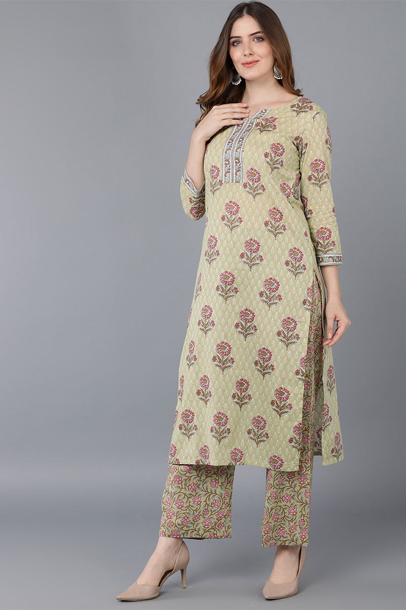 Beige Cotton Straight Kurta Palazzo With Dupatta VKSKD1543