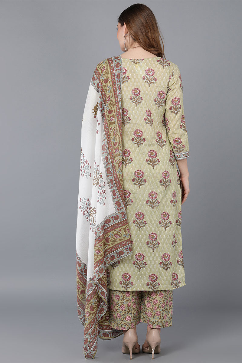 Beige Cotton Straight Kurta Palazzo With Dupatta VKSKD1543