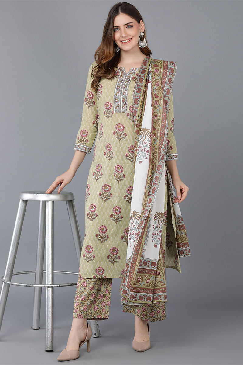 Beige Cotton Straight Kurta Palazzo With Dupatta VKSKD1543