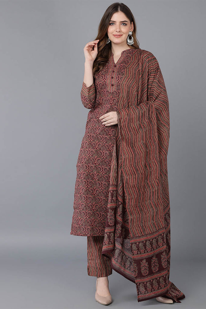  Women Maroon Pure Cotton Kurta Trousers With Dupatta 