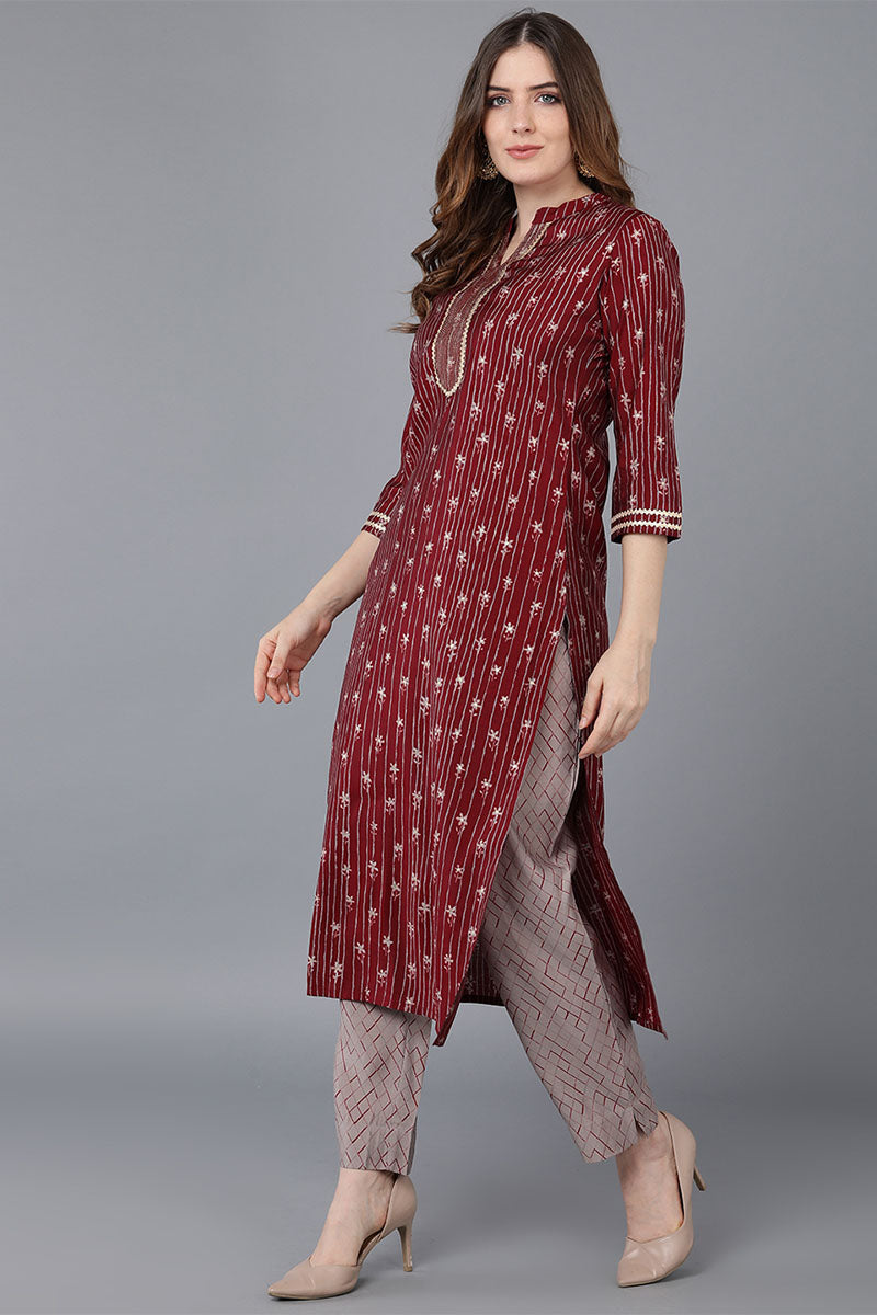  Women Burgundy Poly Silk Kurta Trousers With Dupatta