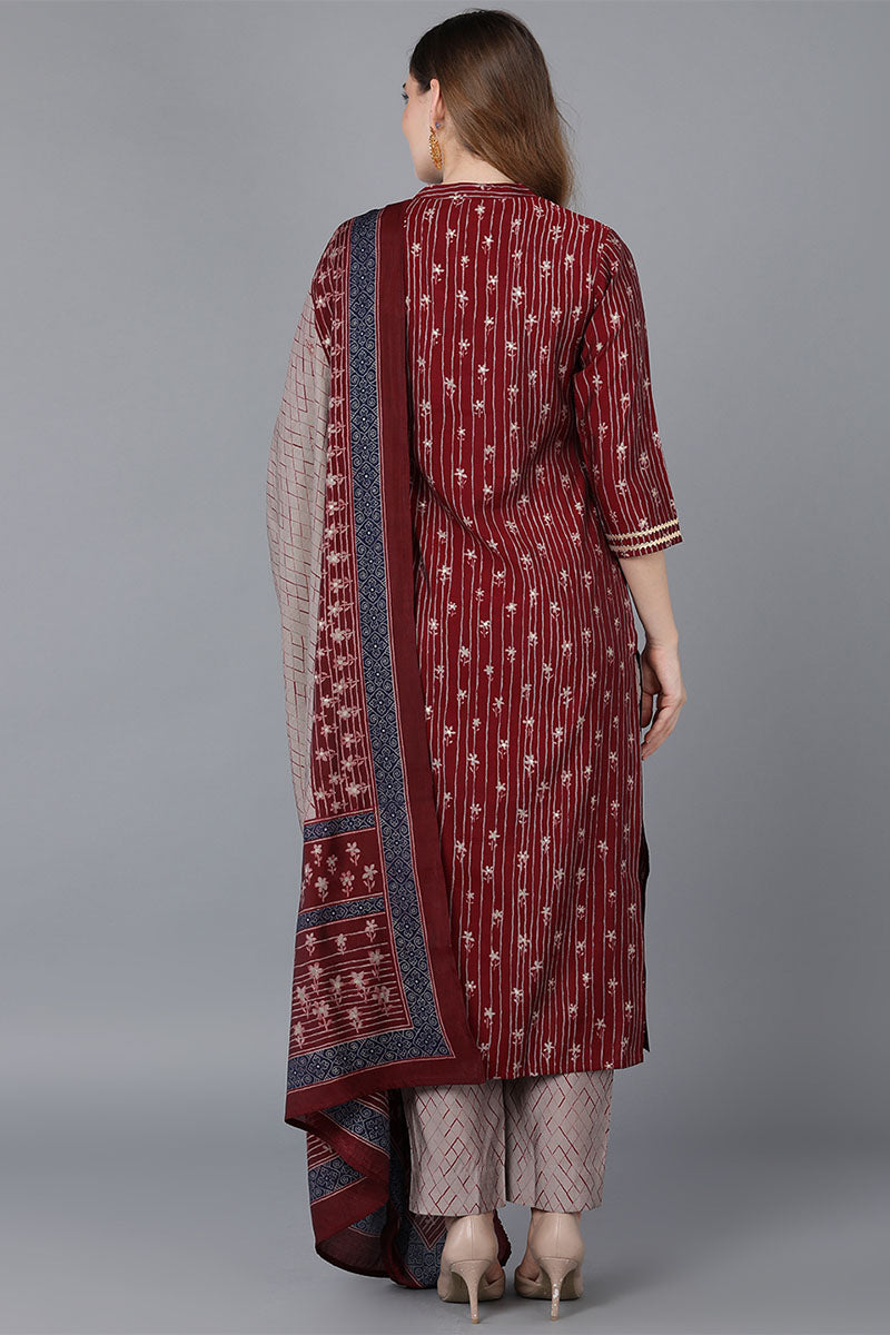  Women Burgundy Poly Silk Kurta Trousers With Dupatta