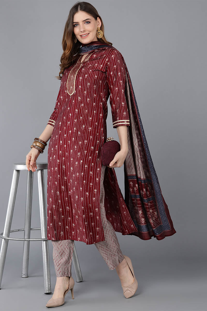  Women Burgundy Poly Silk Kurta Trousers With Dupatta