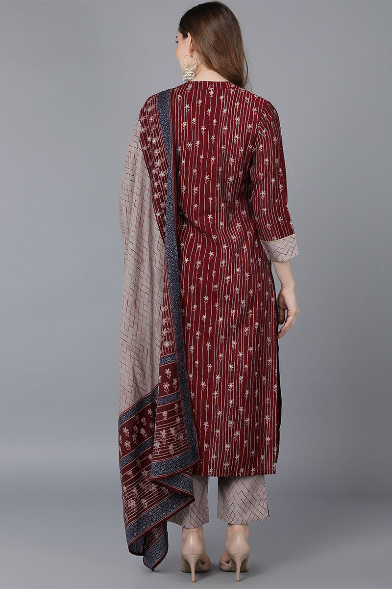 Maroon Poly Silk Straight Kurta Pant With Dupatta VKSKD1552