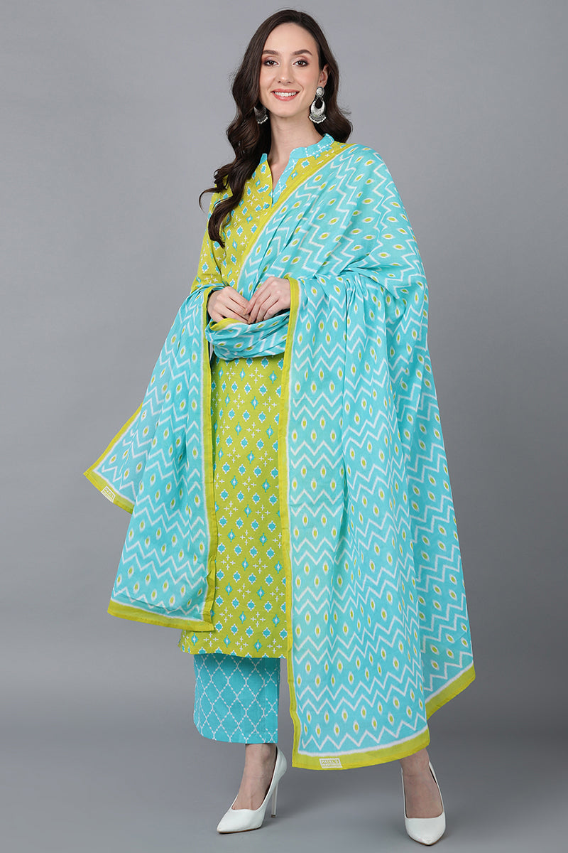 Lime Green Printed Rayon Blend Kurta Palazzo With Dupatta VKSKD1566