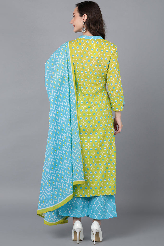 Lime Green Printed Rayon Blend Kurta Palazzo With Dupatta VKSKD1566