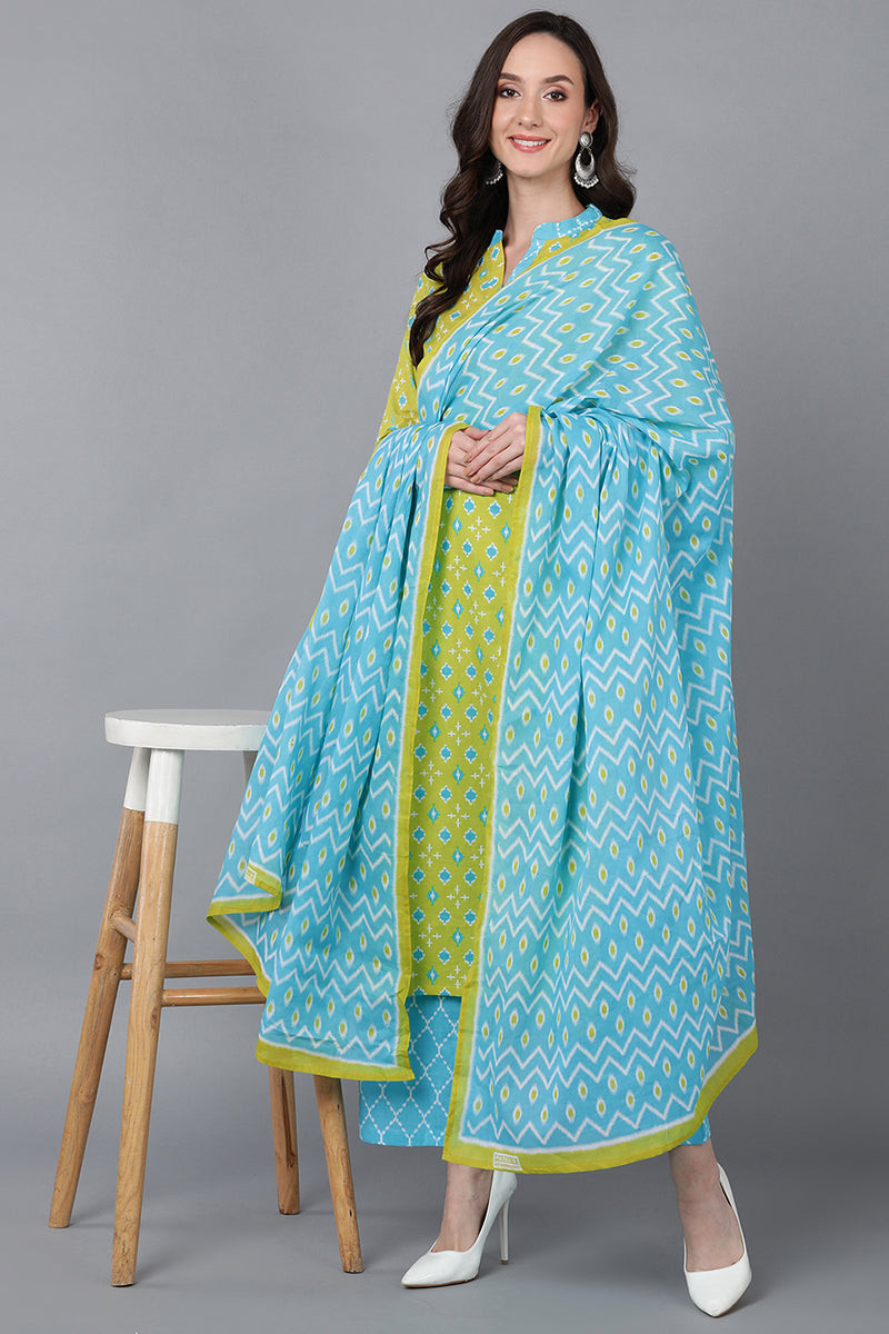 Lime Green Printed Rayon Blend Kurta Palazzo With Dupatta VKSKD1566