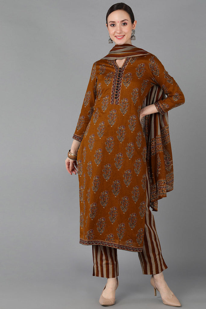  Women Mustard Pure Cotton Printed Kurta Trousers With Dupatta