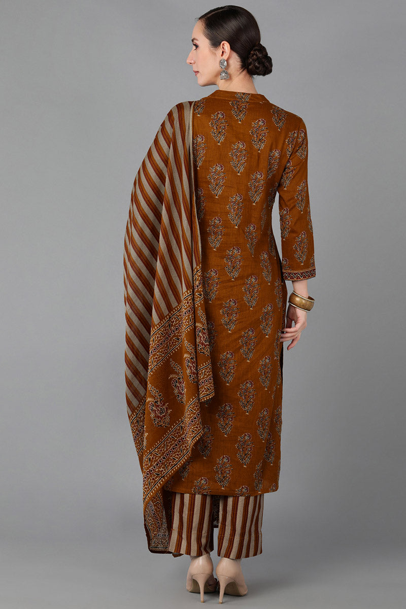  Women Mustard Pure Cotton Printed Kurta Trousers With Dupatta