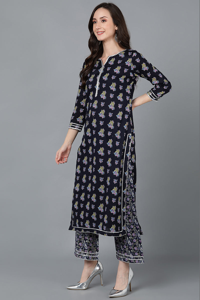 Navy Blue Pure Cotton Straight Kurta Palazzo With Dupatta VKSKD1588