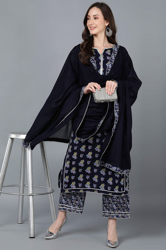 Navy Blue Pure Cotton Straight Kurta Palazzo With Dupatta VKSKD1588