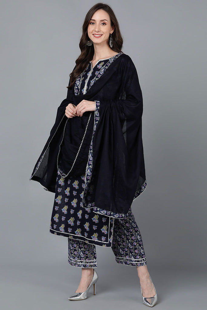 Navy Blue Pure Cotton Straight Kurta Palazzo With Dupatta VKSKD1588