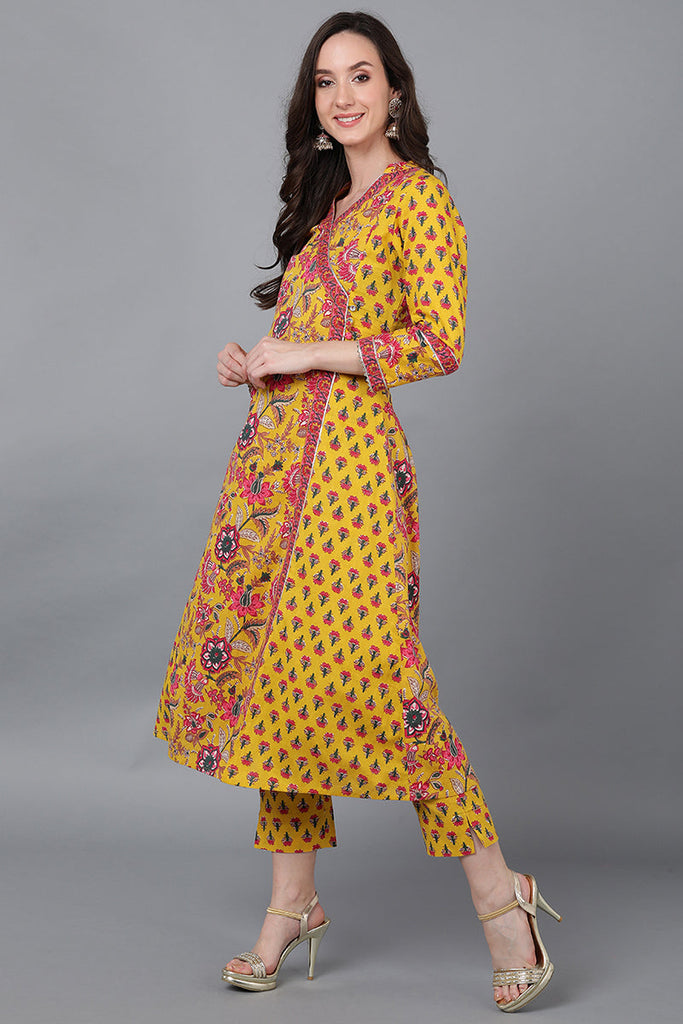 Yellow Pure Cotton Floral Anarkali Suit Set VKSKD1595