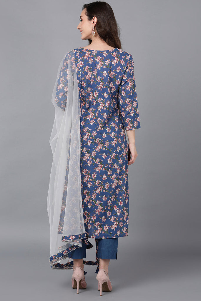 Blue Rayon Blend Floral Straight Suit Set VKSKD1601