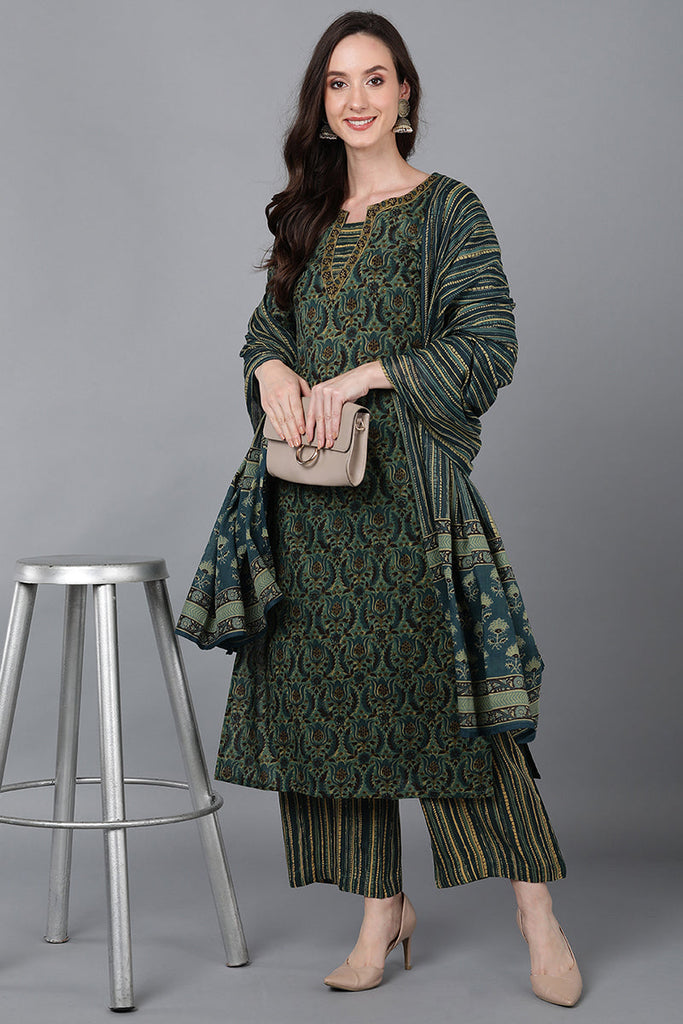 Green Pure Cotton Floral Straight Suit Set VKSKD1606