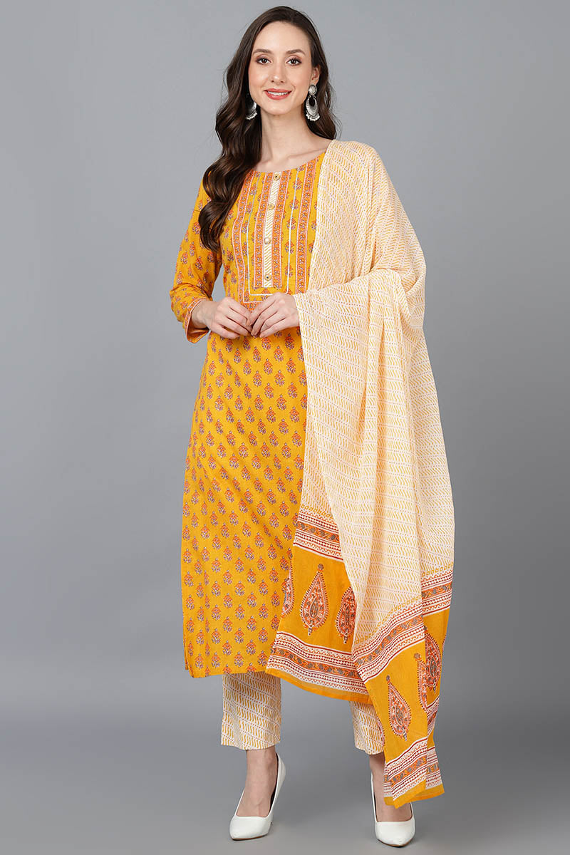  Women Mustard Pure Cotton Floral Printed Kurta Trousers With Dupatta