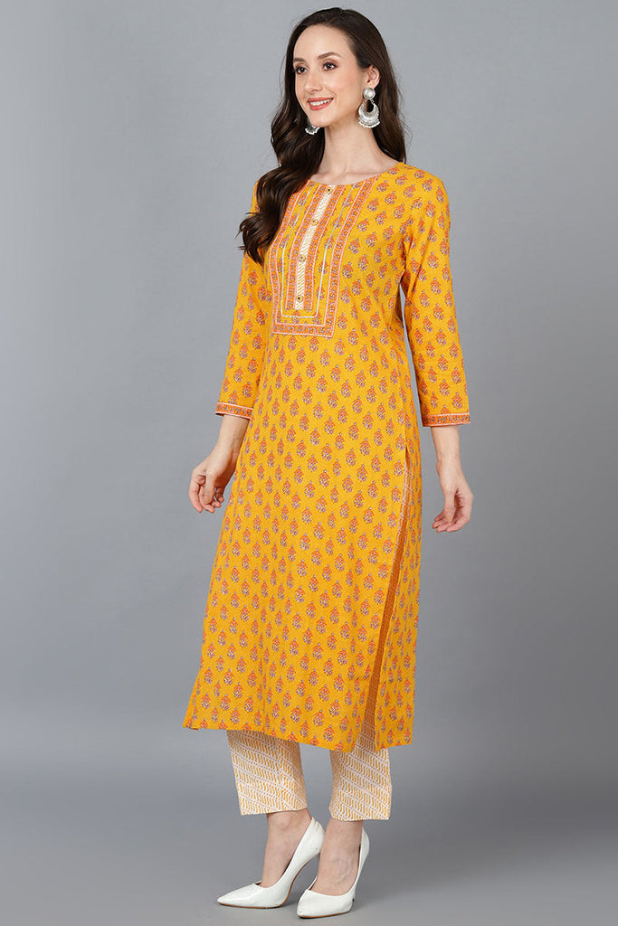  Women Mustard Pure Cotton Floral Printed Kurta Trousers With Dupatta