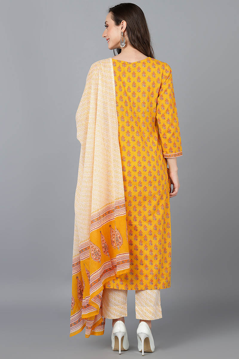  Women Mustard Pure Cotton Floral Printed Kurta Trousers With Dupatta