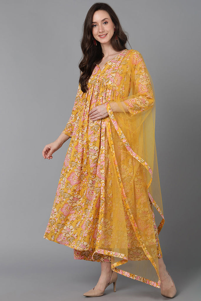 Yellow Rayon Blend Floral Printed Kurta Palazzos With Dupatta VKSKD1622