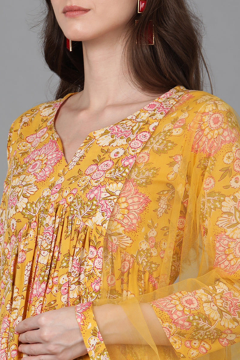 Yellow Rayon Blend Floral Printed Kurta Palazzos With Dupatta VKSKD1622