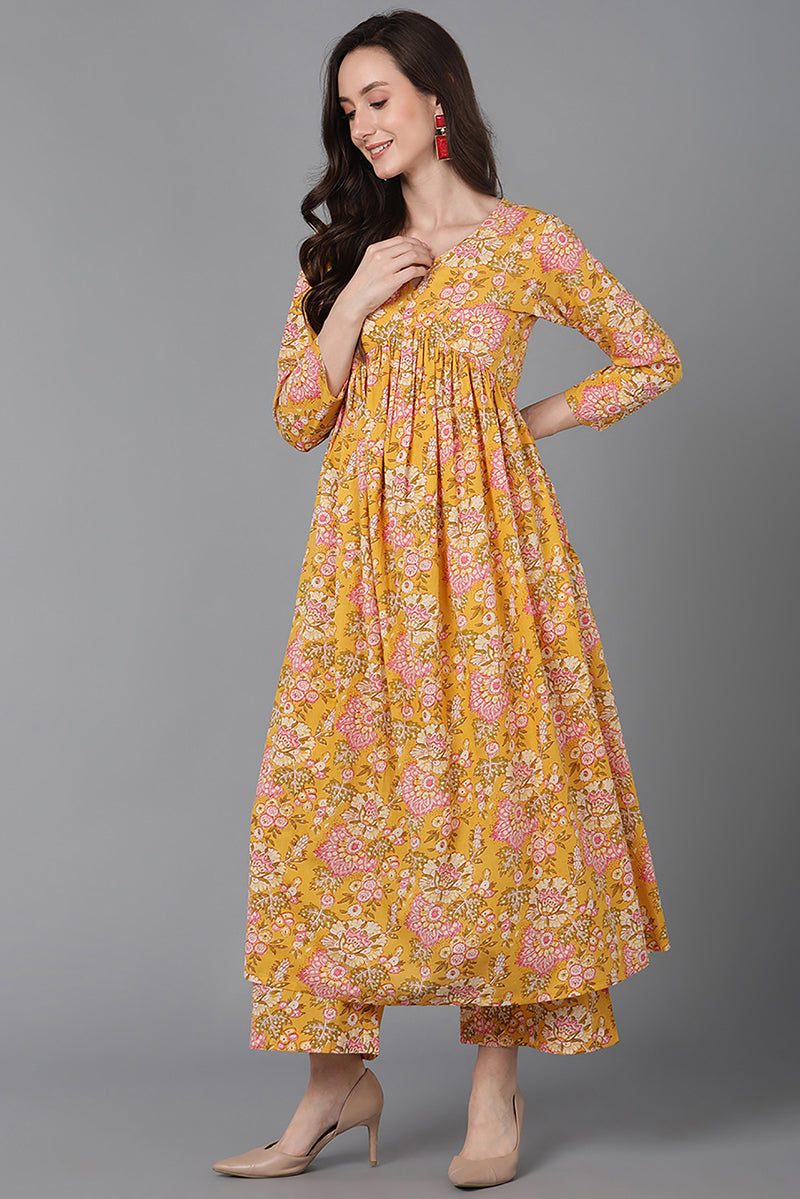 Yellow Rayon Blend Floral Printed Kurta Palazzos With Dupatta VKSKD1622