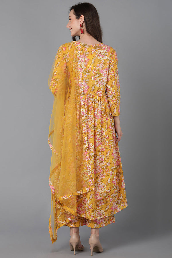 Yellow Rayon Blend Floral Printed Kurta Palazzos With Dupatta VKSKD1622