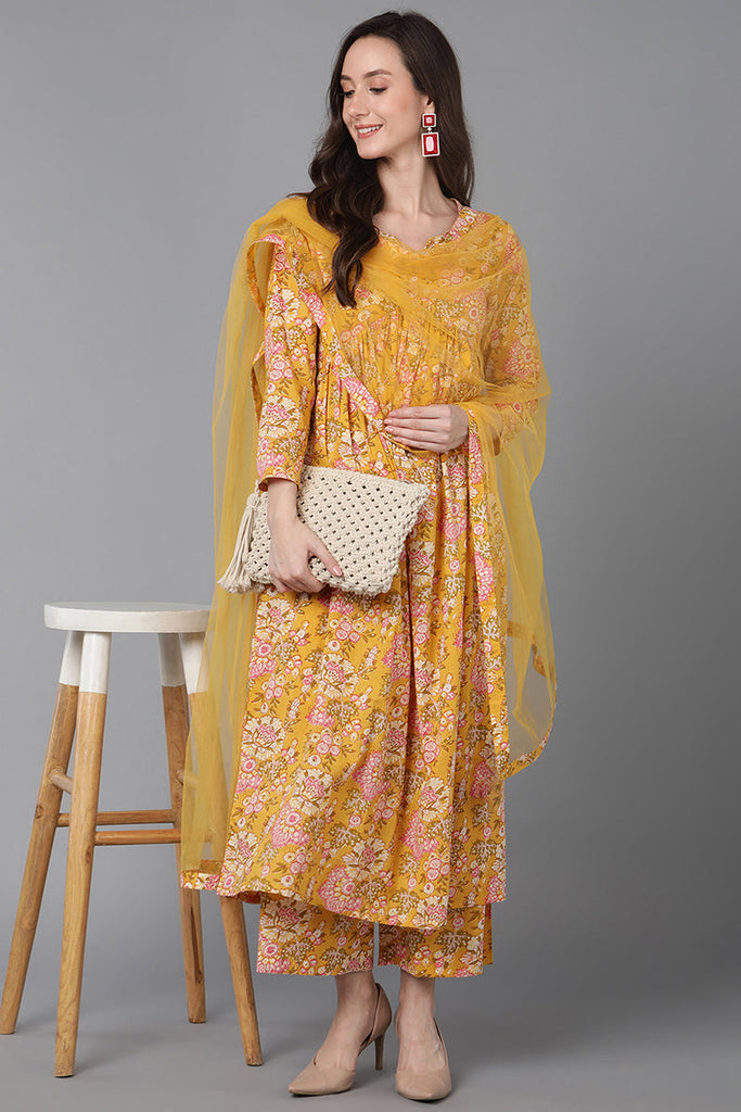 Yellow Rayon Blend Floral Printed Kurta Palazzos With Dupatta VKSKD1622