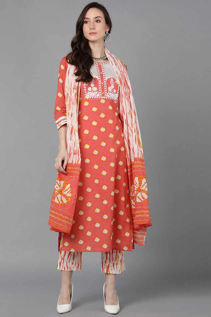  Women Orange Pure Cotton Bandhani Printed Kurta Trousers With Dupatta 