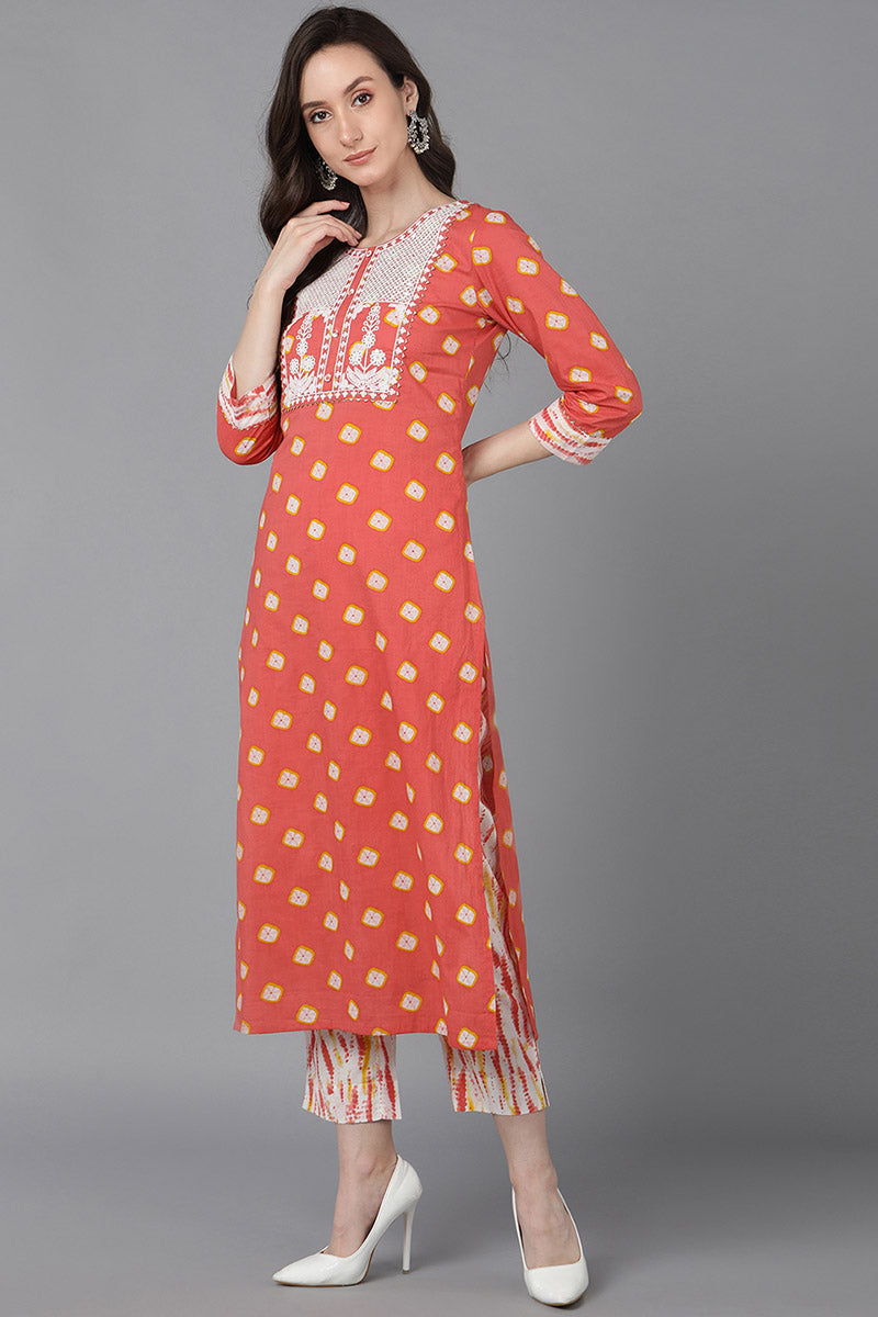  Women Orange Pure Cotton Bandhani Printed Kurta Trousers With Dupatta 