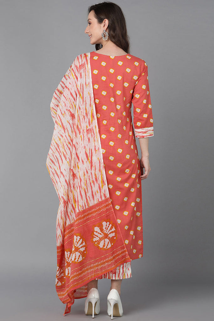  Women Orange Pure Cotton Bandhani Printed Kurta Trousers With Dupatta 