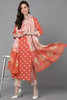  Women Orange Pure Cotton Bandhani Printed Kurta Trousers With Dupatta 