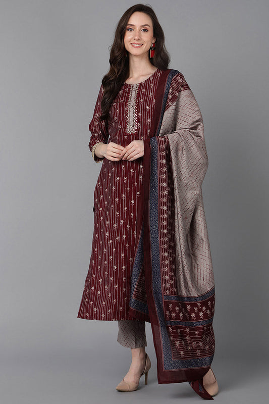  Women Maroon Poly Silk Ethnic Motifs Printed Kurta Trousers With Dupatta 