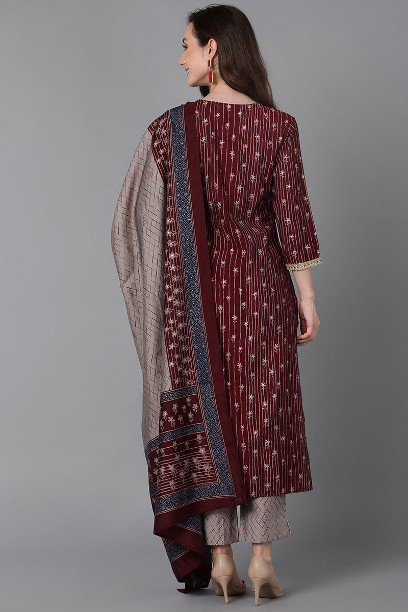  Women Maroon Poly Silk Ethnic Motifs Printed Kurta Trousers With Dupatta 