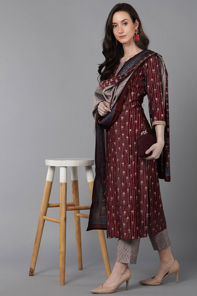  Women Maroon Poly Silk Ethnic Motifs Printed Kurta Trousers With Dupatta 