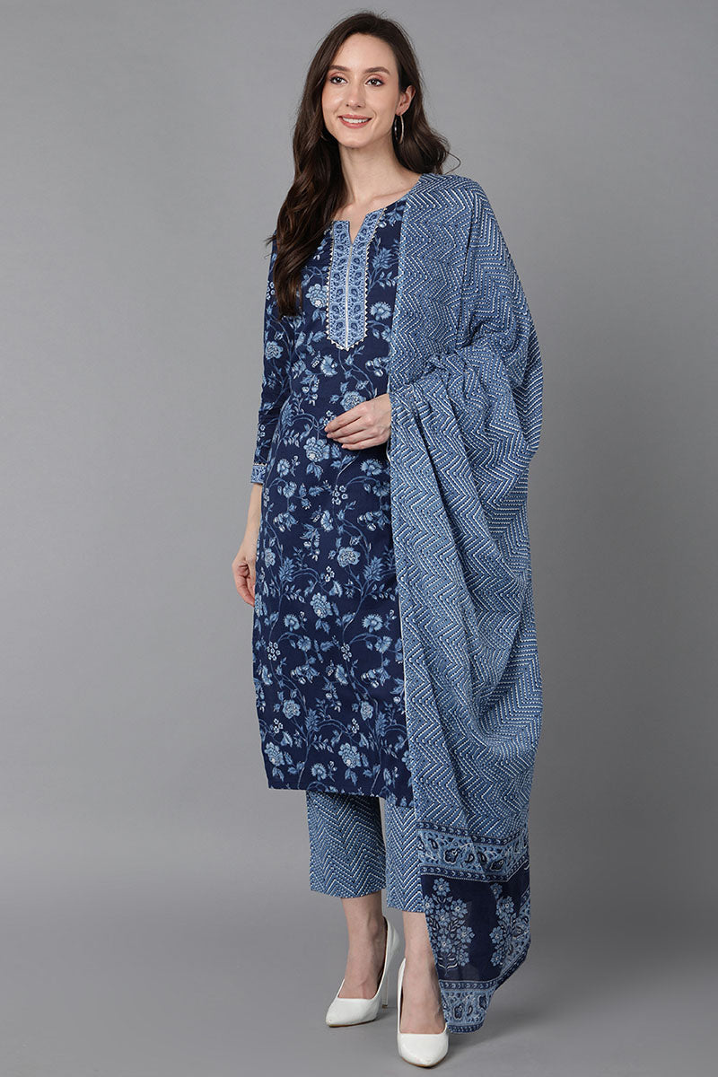  Women Blue Pure Cotton Floral Printed Kurta Trousers With Dupatta 