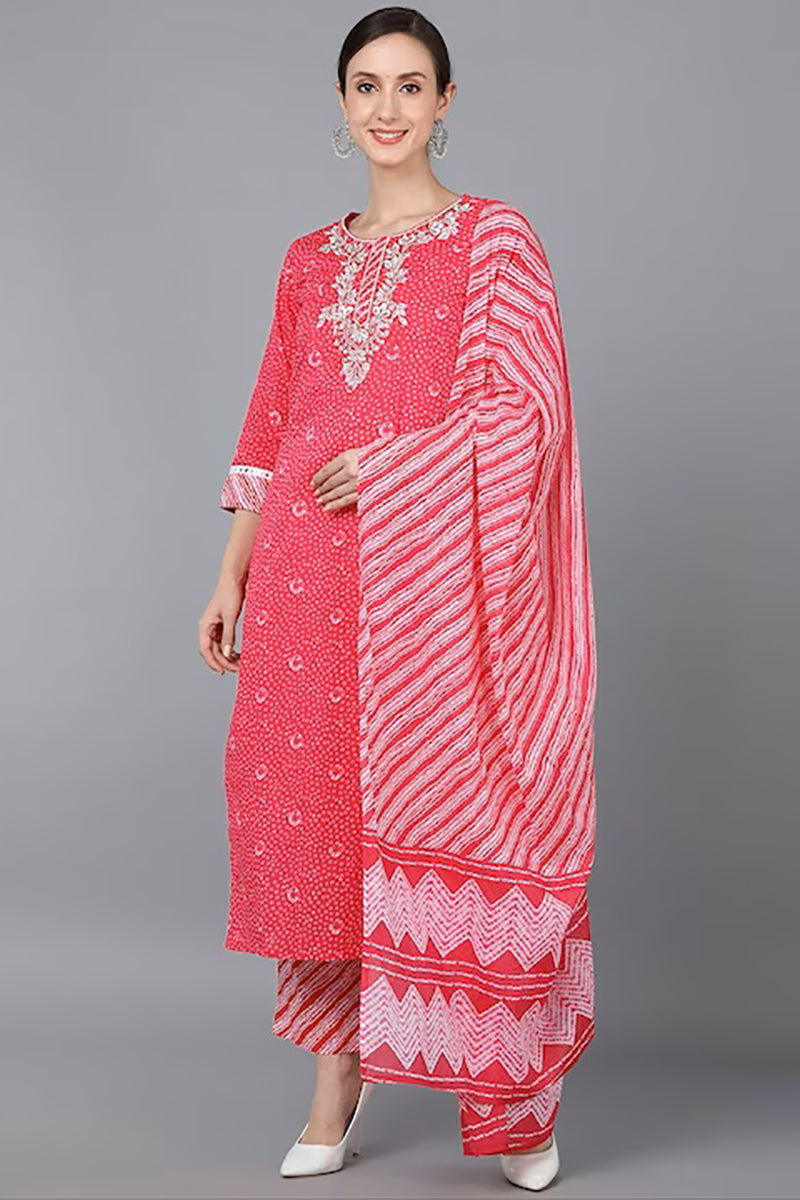 Pink Pure Cotton Bandhani Straight Suit Set VKSKD1636