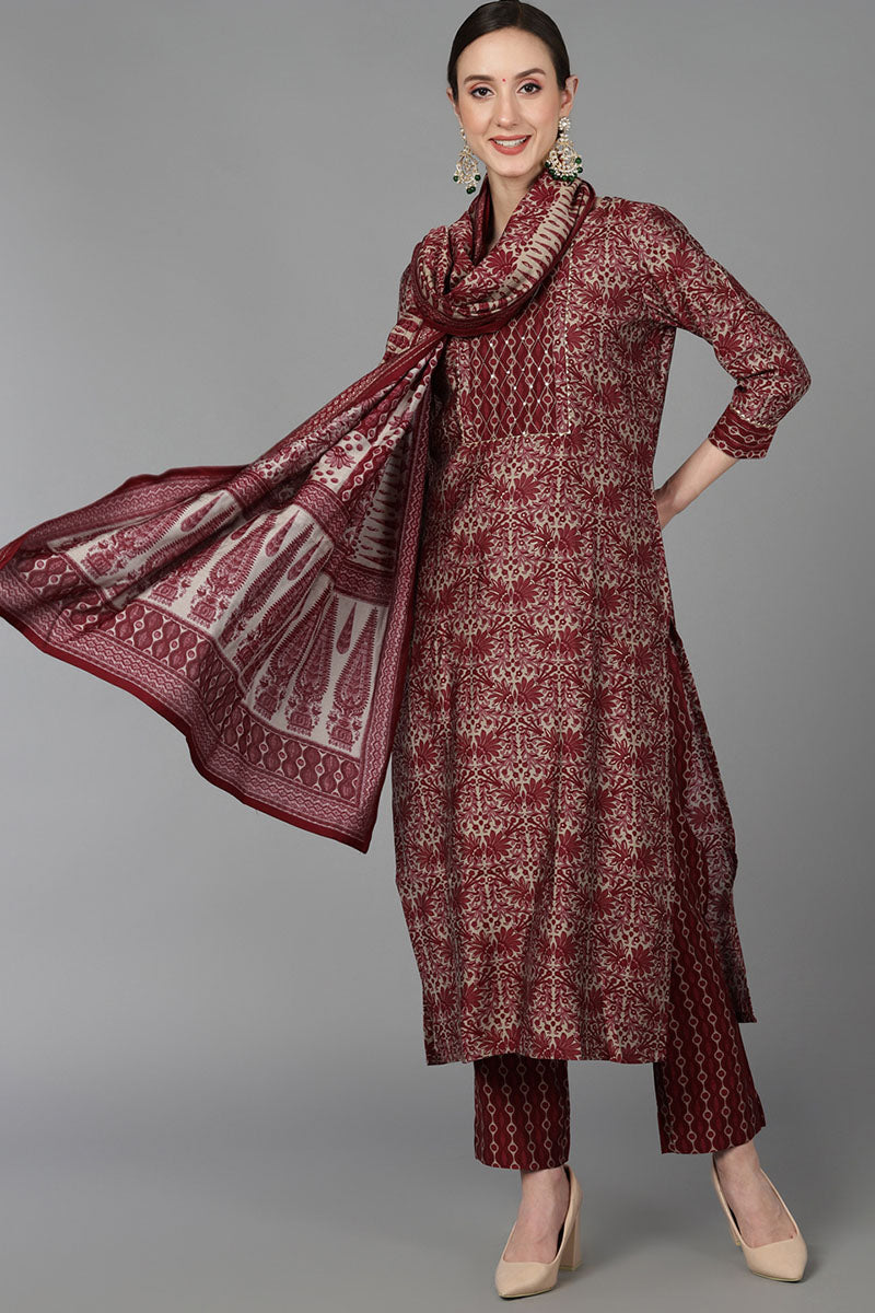  Women Maroon Poly Silk Printed Kurta Trousers With Dupatta 