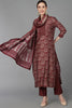  Women Maroon Poly Silk Printed Kurta Trousers With Dupatta 