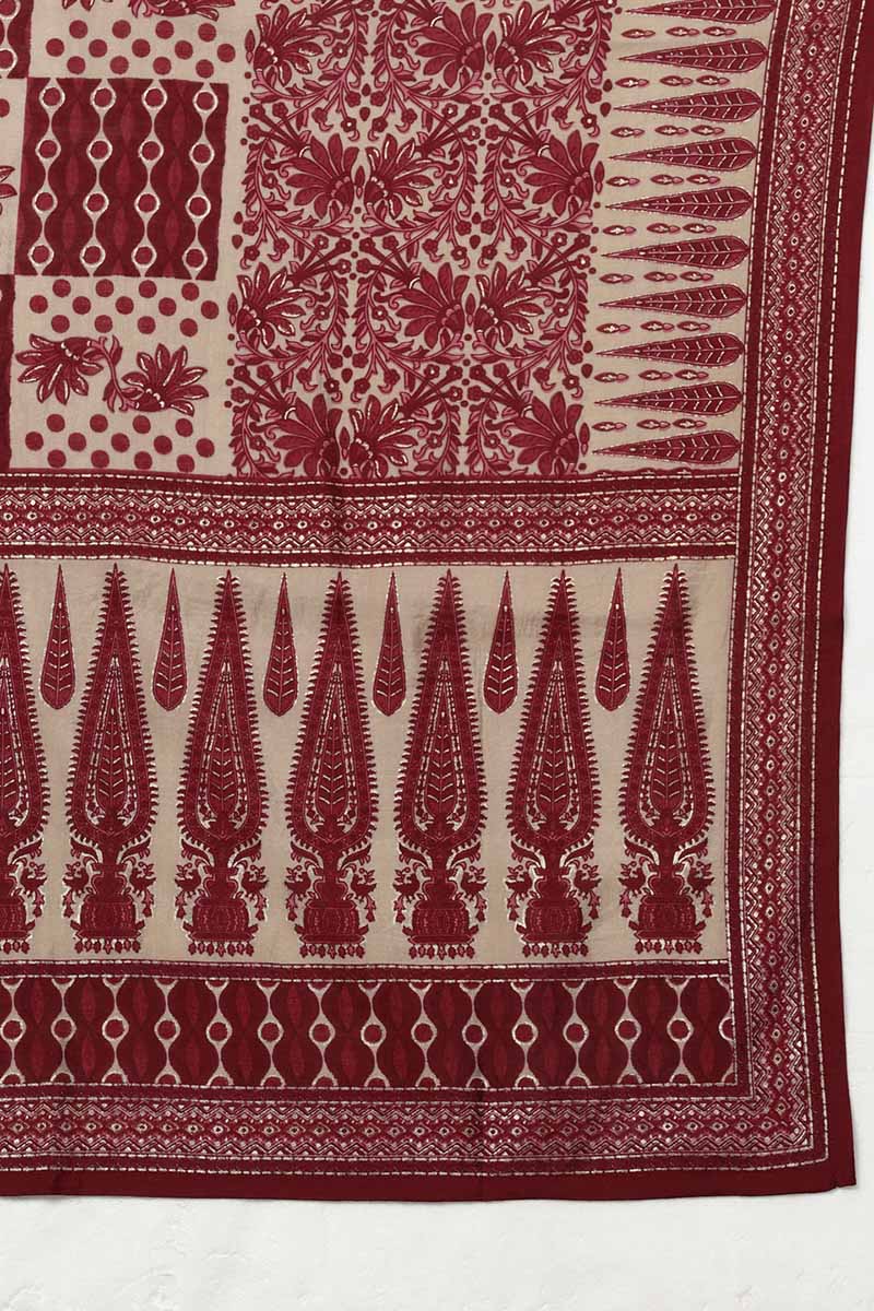  Women Maroon Poly Silk Printed Kurta Trousers With Dupatta 