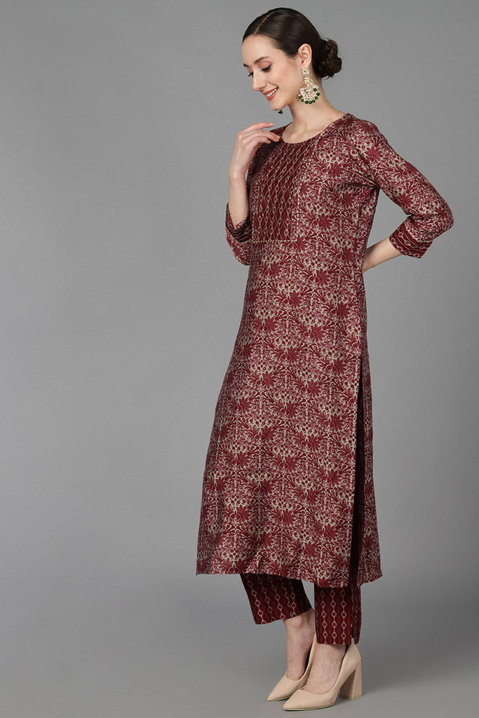  Women Maroon Poly Silk Printed Kurta Trousers With Dupatta 