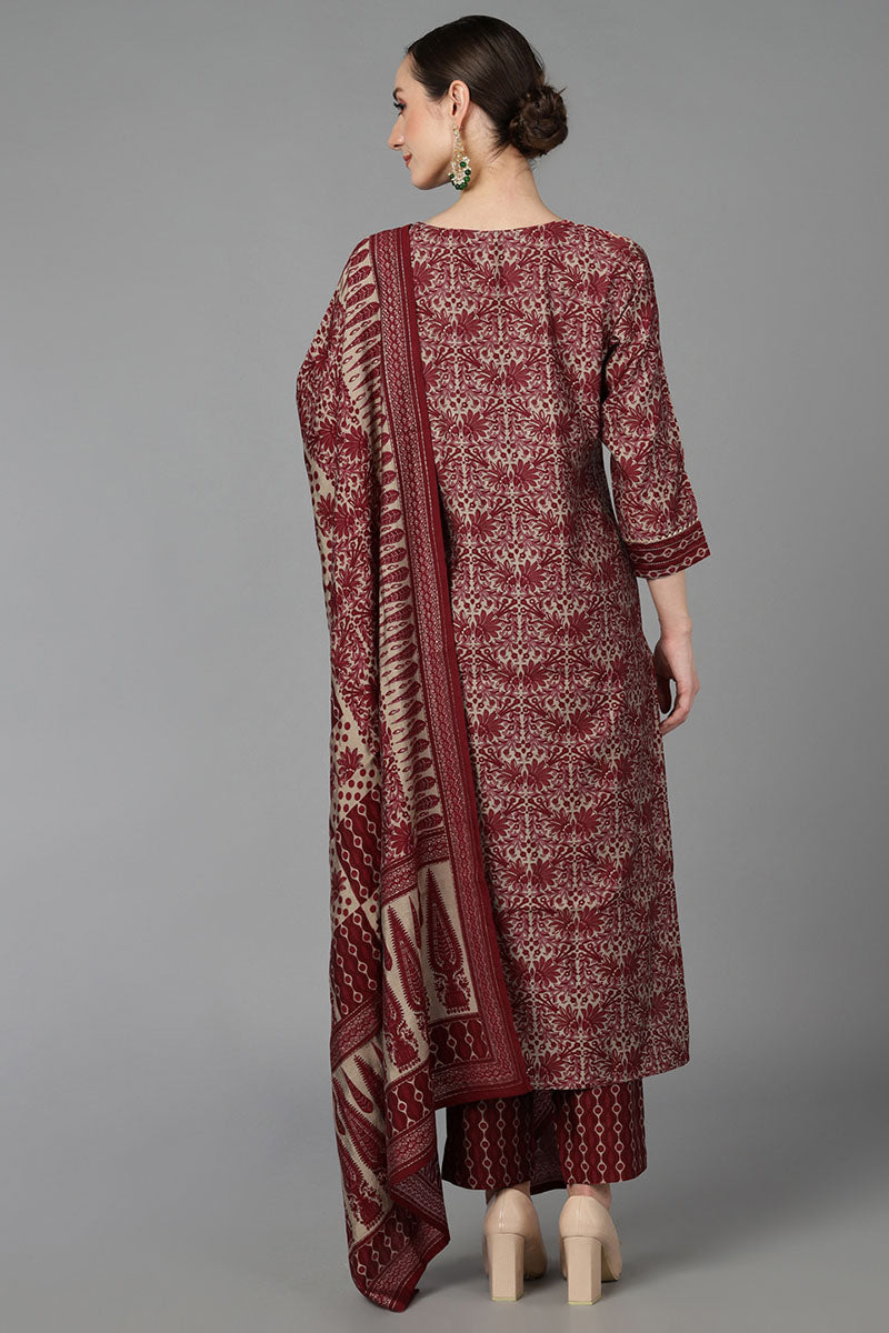  Women Maroon Poly Silk Printed Kurta Trousers With Dupatta 