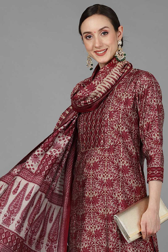  Women Maroon Poly Silk Printed Kurta Trousers With Dupatta 